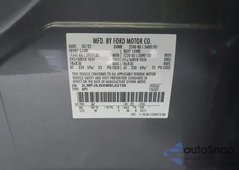 2021 Lincoln Nautilus Standard from USA, damaged, VIN 2LMPJ6J9XMBL02198